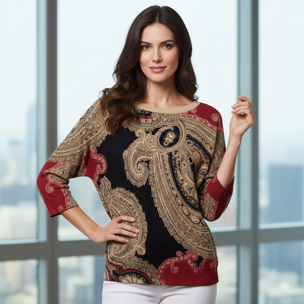 Chaps M Sweater Black Beige Tan Red Paisley Festival Indie Artsy Office Siren
